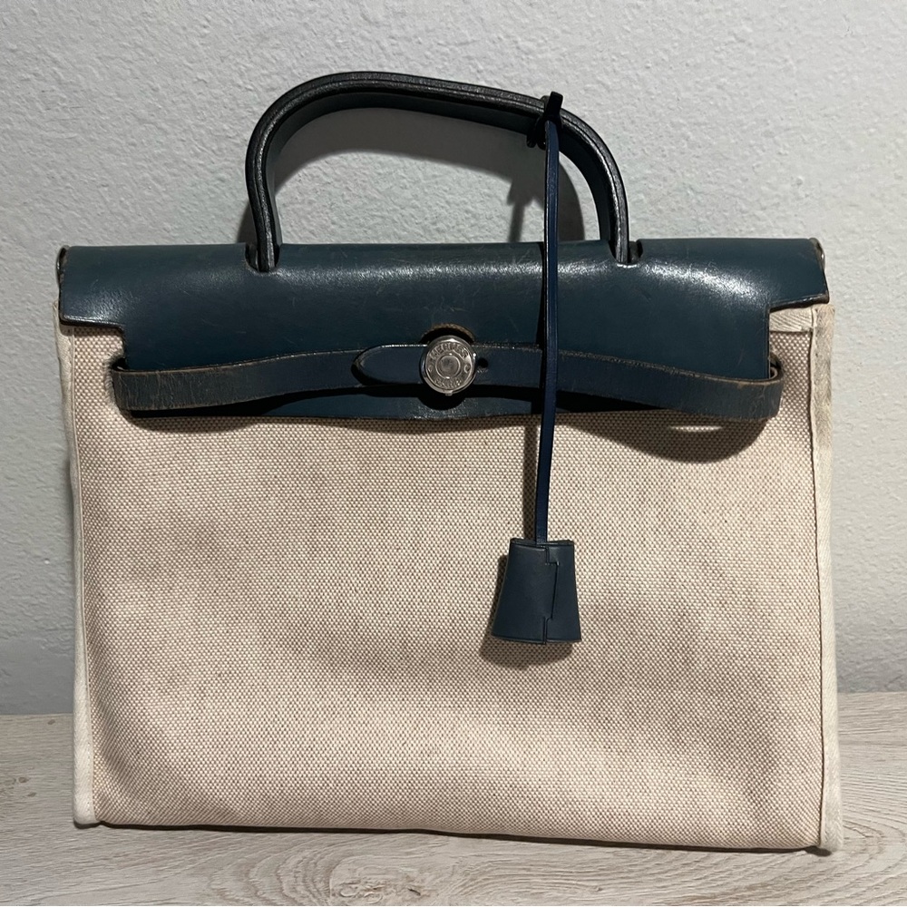 Elegant Blue and Cream 1975 Hermes Bag